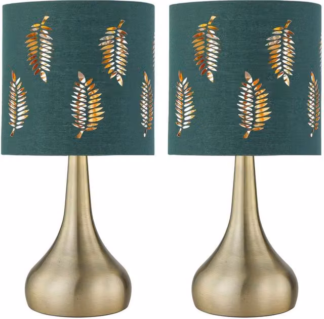 First Choice Lighting Romana Set of 2 Antique Brass Touch Table Lamps with Green Fabric Shades