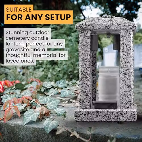 NOVECRAFTO Large Square Granite Candle Lantern with Floral Decor in Grey Stone, H 32 cm – 6