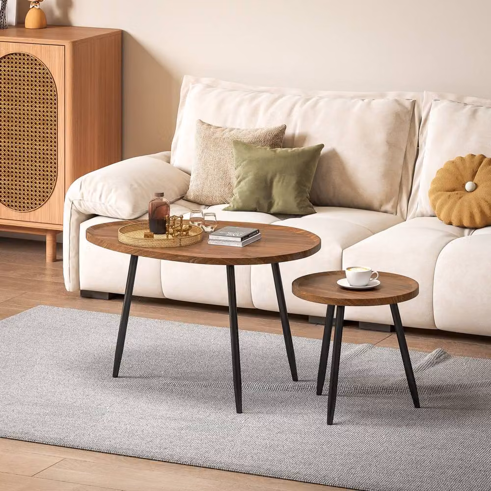 Wyld Haus Suta Set of 2 Round Nesting Coffee Tables in Brown Chestnut Wood Effect and Black Metal – 8
