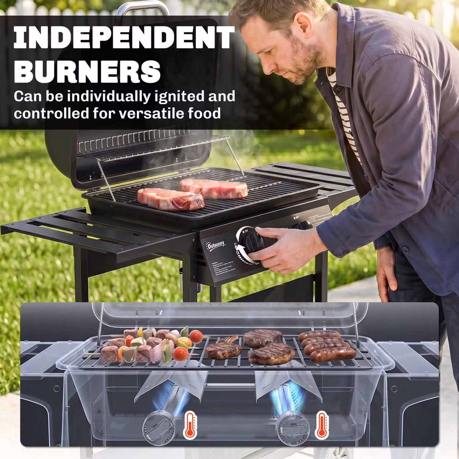 Outsunny 2 Burner Gas Barbecue Grill with Side Tables, Warming Rack, Thermometer and Wheels, Black – 5