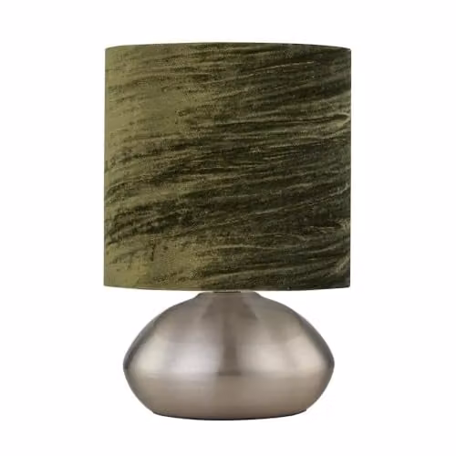First Choice Lighting Jenson Touch Table Lamp with Green Fabric Shade and Brushed Chrome Base