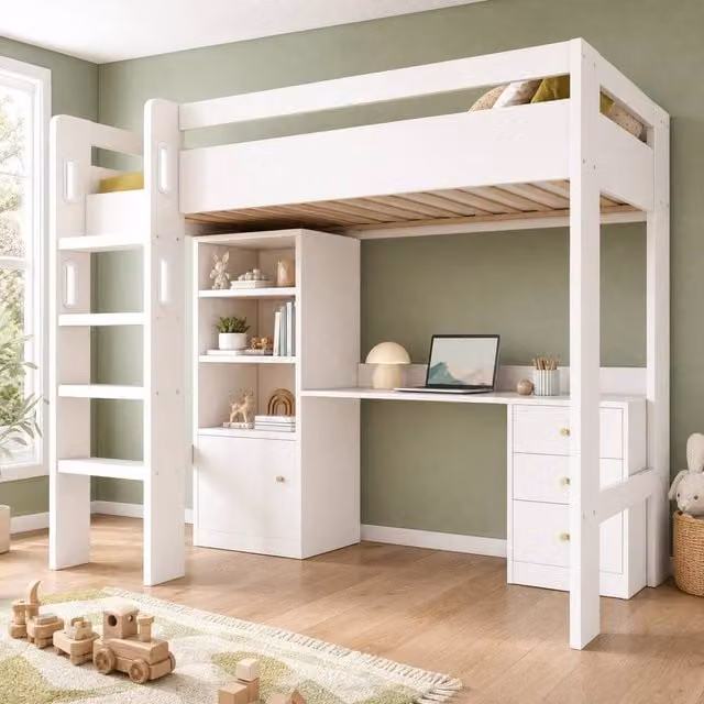 STILVORA Junior Single Bed Frame with USB Charging Port and Stairs, White, W/D/H: 90 x 190 x 120 cm – 1