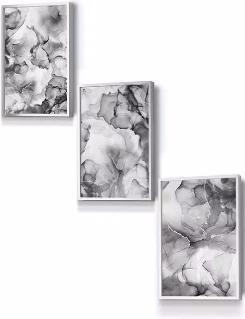 ARTZE Set of 3 Abstract Floral Fluid Wall Art in Grey and Silver, W: 53 cm, H: 73 cm, D: 2 cm