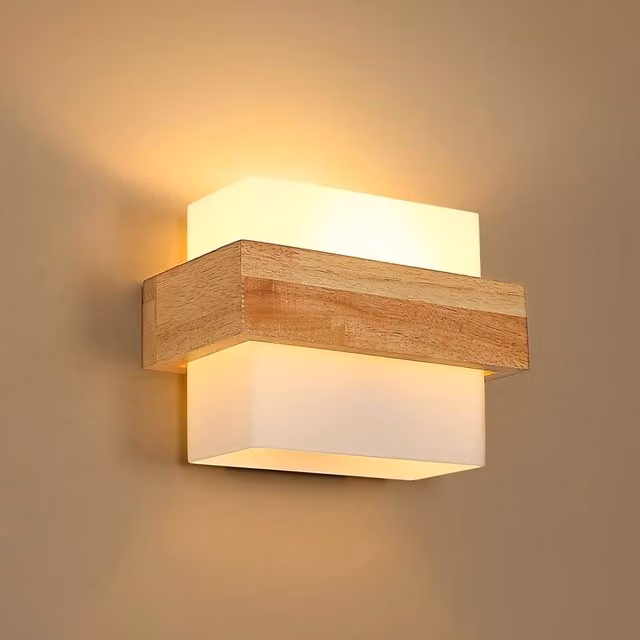 Goeco Brown Wood and Glass Square Indoor Wall Light with E27 Lampshade