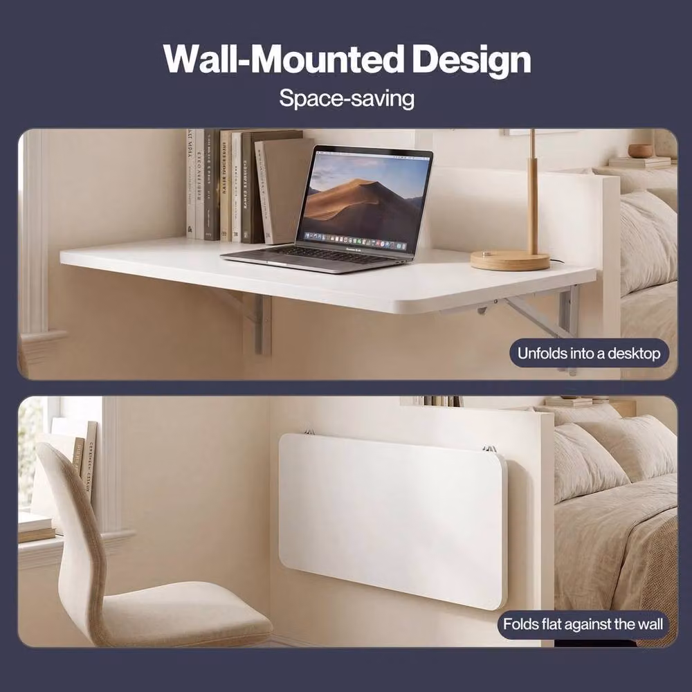 Kelvenix White Foldable Wall Mounted Floating Computer Desk and Study Workstation – 2