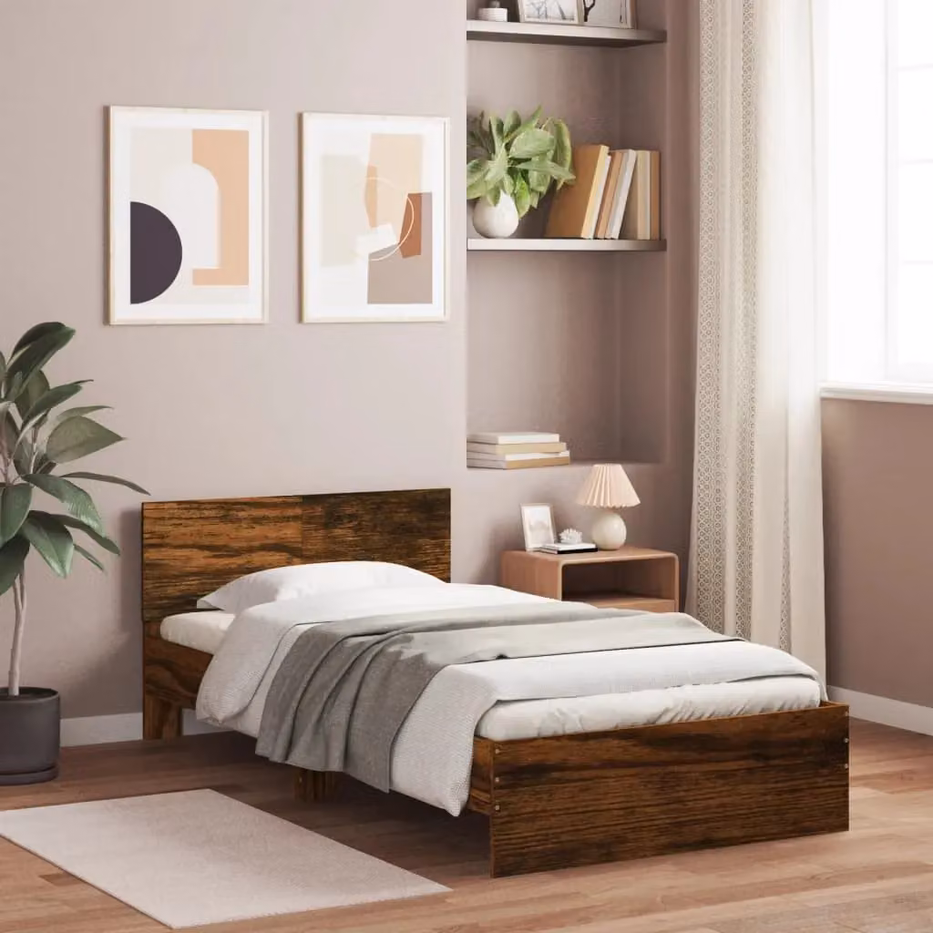 Berkfield Home Bed Frame with Headboard in Smoked Oak Brown, W/D/H: 100 x 200 cm – 3