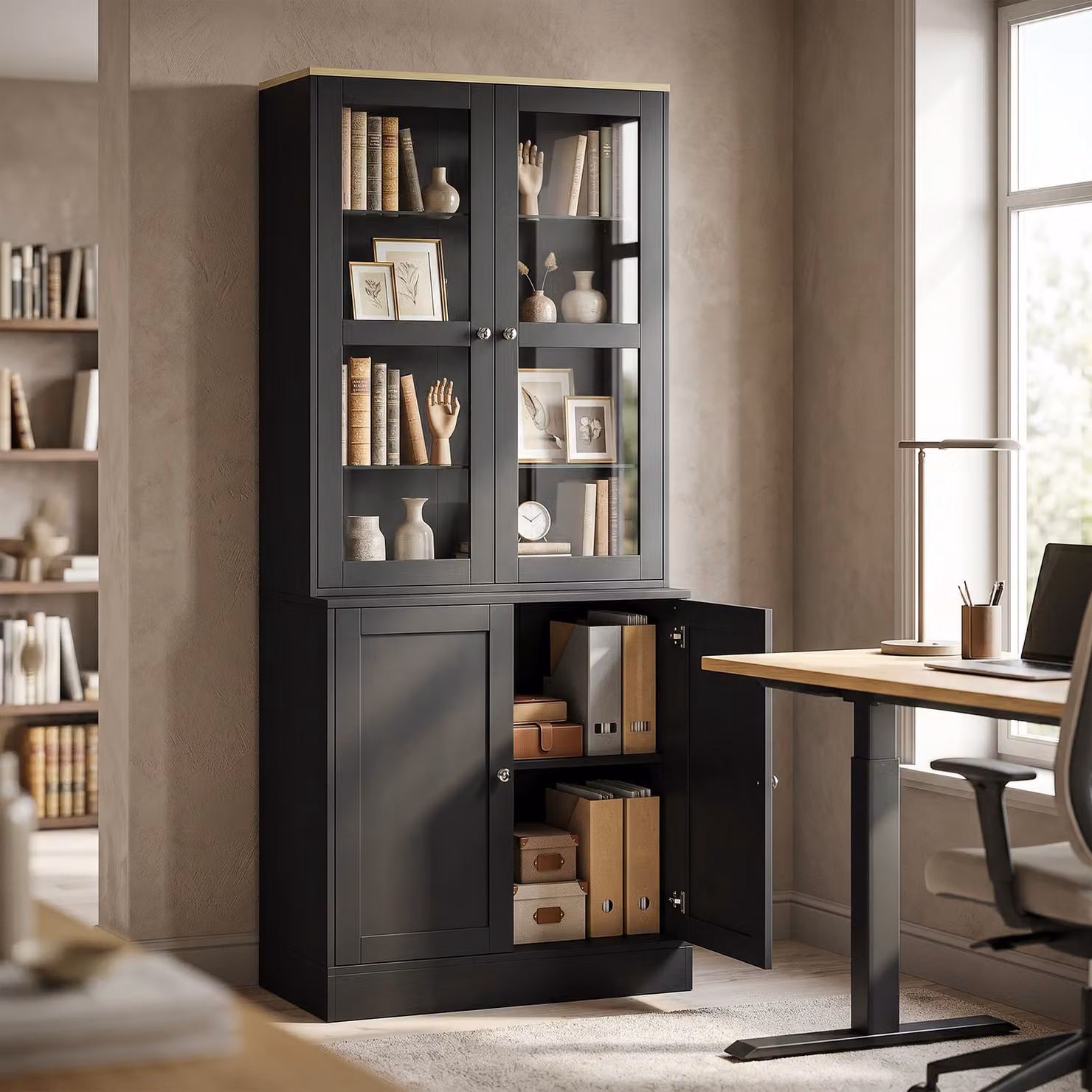 HOMCOM Modern Black Bookcase Display Storage Unit with Glass Doors and Adjustable Shelves, H: 179.0 cm, W: 76.0 cm, D: 30.0 cm – 2