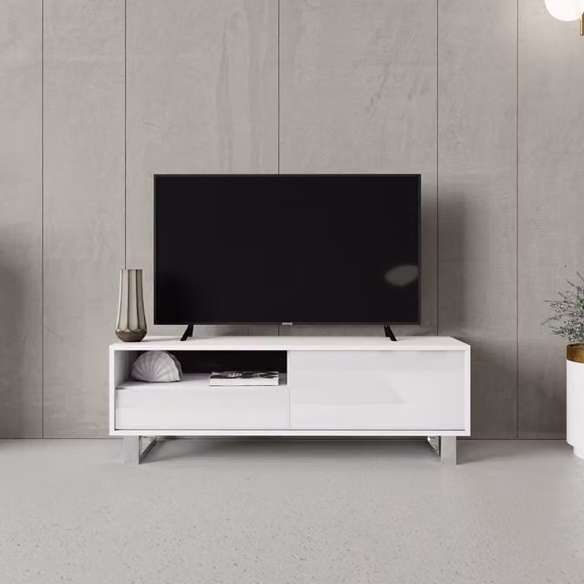 Creative Furniture Minimalist Glossy White and Silver TV Unit W/D/H: 120 x 35 x 40 cm