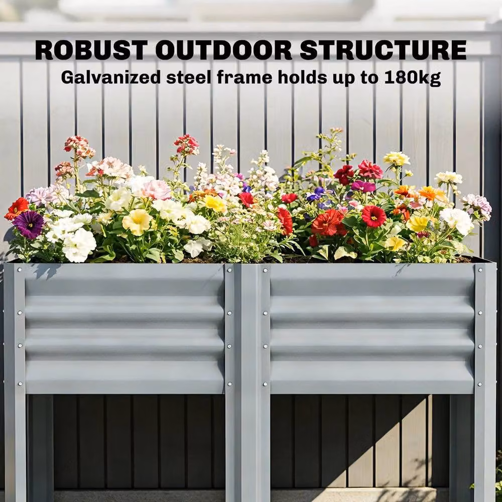 KORVIXA Grey Galvanised Steel Raised Garden Bed with Storage Shelf, W/D/H: 150 x 80 x 55 cm – 4