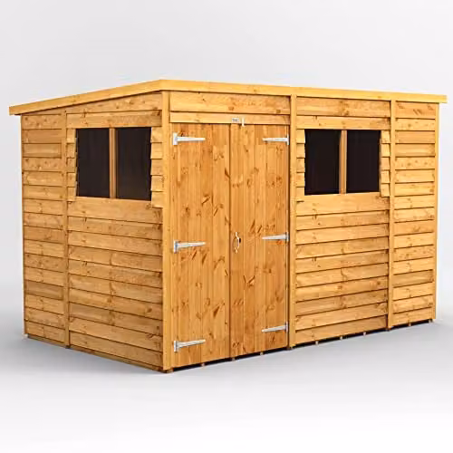 Powersheds Premium Pent Overlap Wooden Garden Shed in Brown with Double Doors and Window – 1