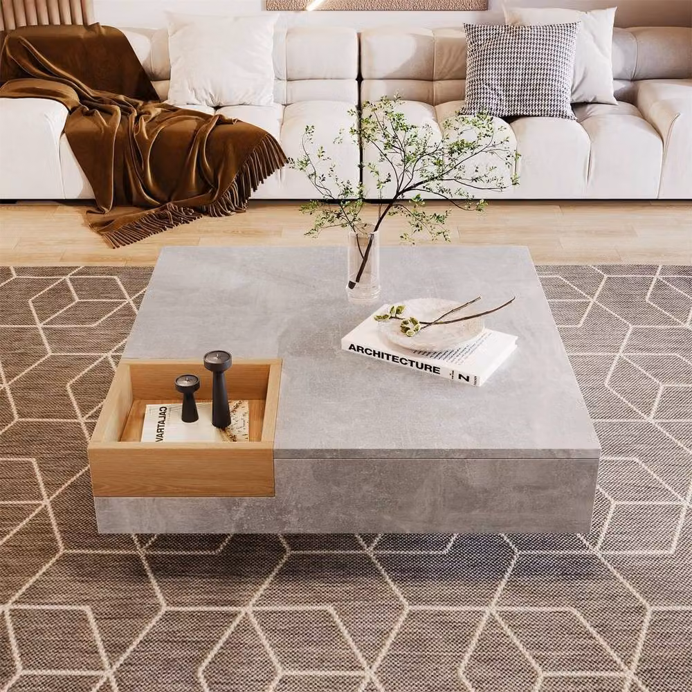 KORVIXA Modern Square Coffee Table with Grey Concrete Effect Top, W: 100 cm x D: 100 cm – 2