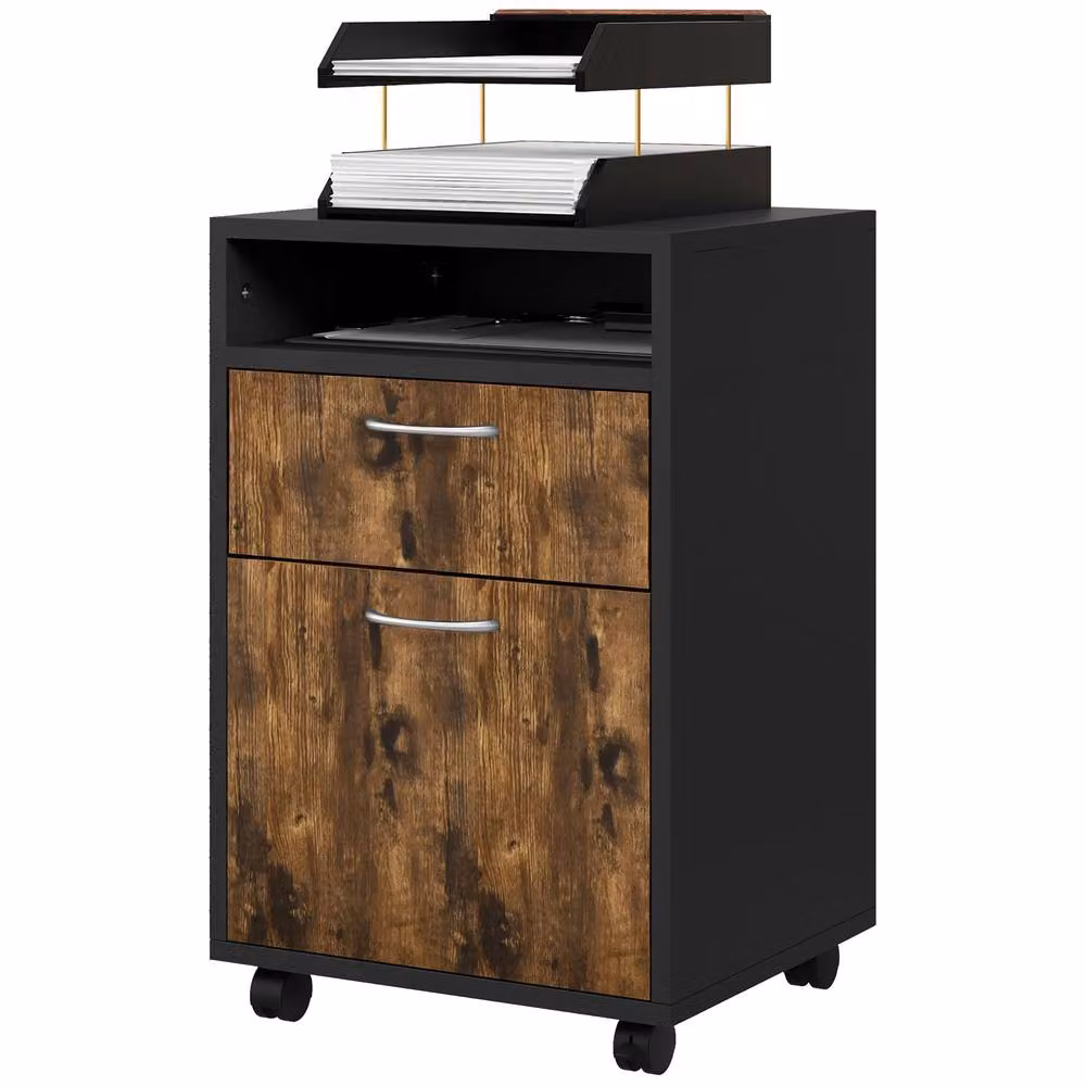 Rolipo Lockable 2-Drawer Filing Cabinet and Printer Stand with Open Shelf in Brown – 2