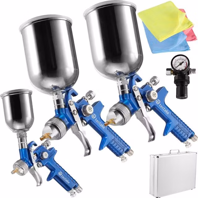 tectake HVLP Paint Spray Gun Set of 3 with 0.8, 1.3 and 1.7 mm Nozzles and Microfibre Cloths, Blue