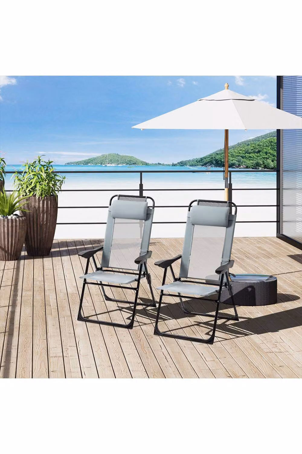 ERGOVEXA Set of 2 Folding Garden Recliner Chairs in Grey with Armrests and Cushions – 2