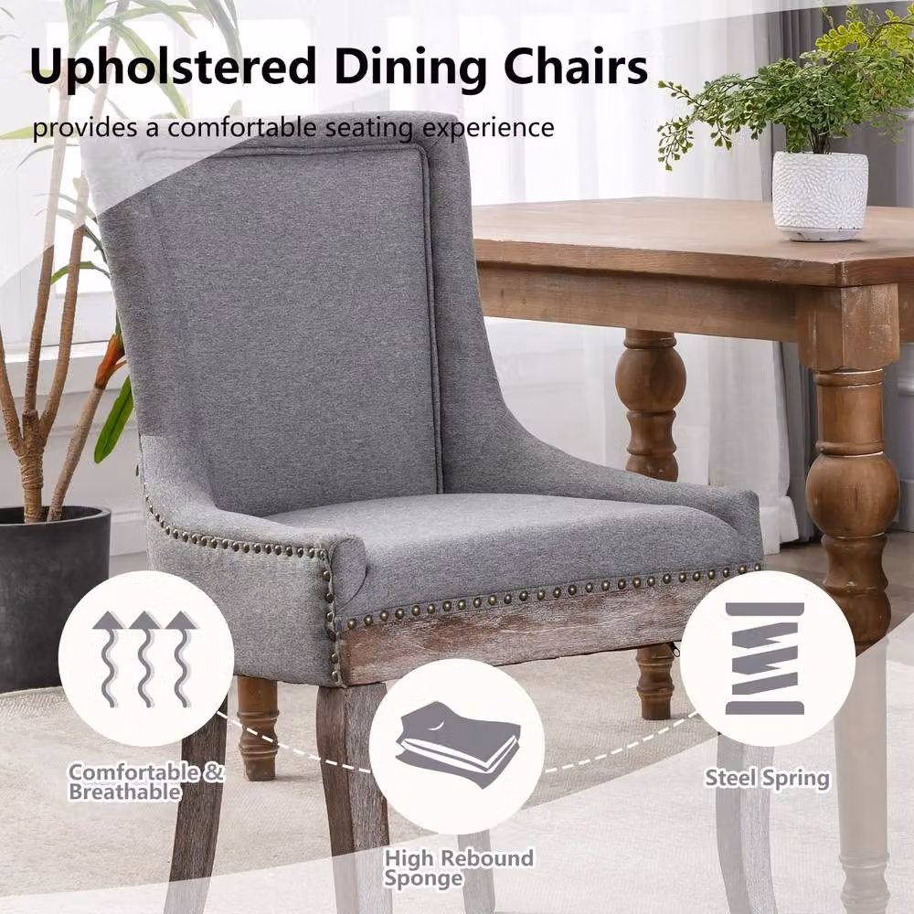 HomeTouch Bewley Set of 2 Grey Linen Upholstered Dining Chairs with Oak Wood Legs – 2