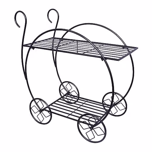 mysmartbuy Metal Garden Cart Plant Stand, 2 Tier Parisian Style Flower Pot Display in Black, H73 x W70 x D34 cm