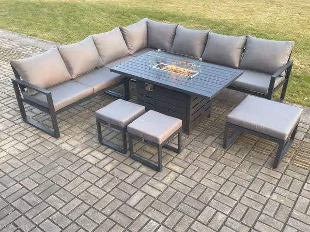 Fimous Aluminium Lounge Corner Sofa Garden Furniture Set with Gas Fire Pit Dining Table and 3 Footstools in Dark Grey