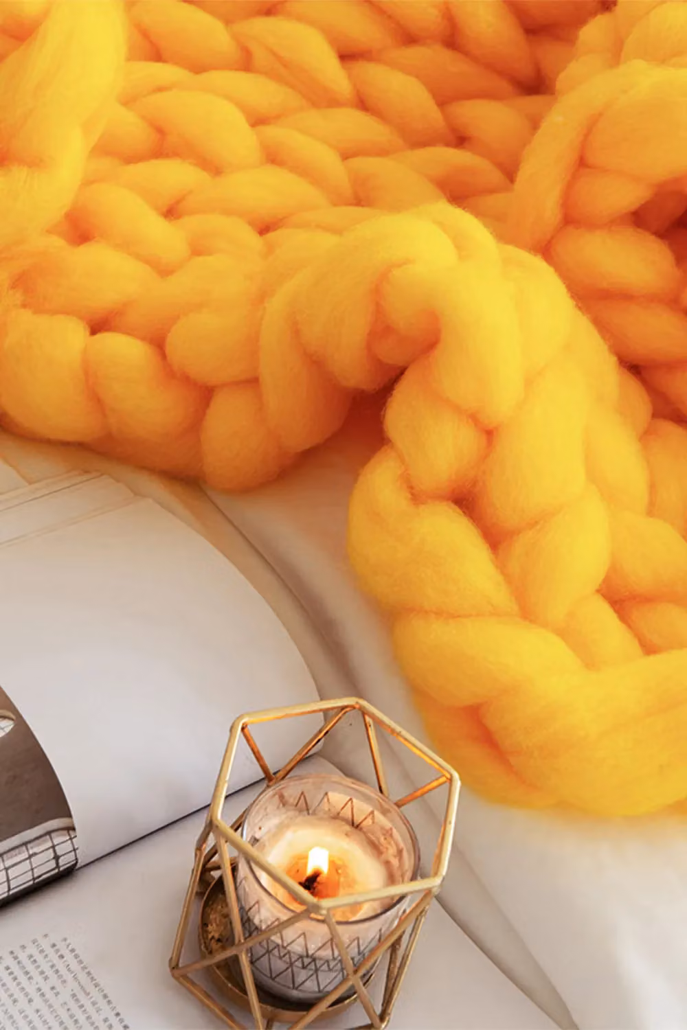 Living and Home Yellow Chunky Knitted Fluffy Throw Blanket, 60 x 60 cm – 3