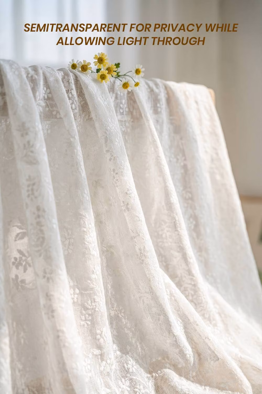 Living and Home White Floral Lace Sheer Curtains, 2-Panel Set, Width: 125 cm, Height: 130 cm – 2