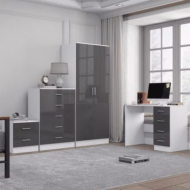 REFLECT Modern Furniture Bundle including 2-Door Wardrobe, Chest of Drawers, Bedside Table and Desk in Grey Gloss and Matt White
