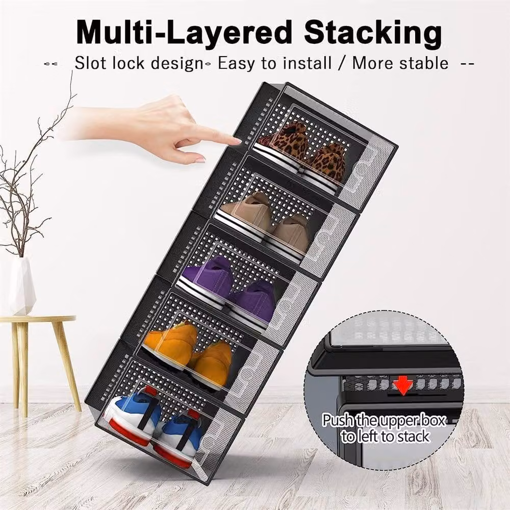 PAWNORA Stackable Black and Transparent Plastic Shoe Storage Box Rack, 12 Pack – 3