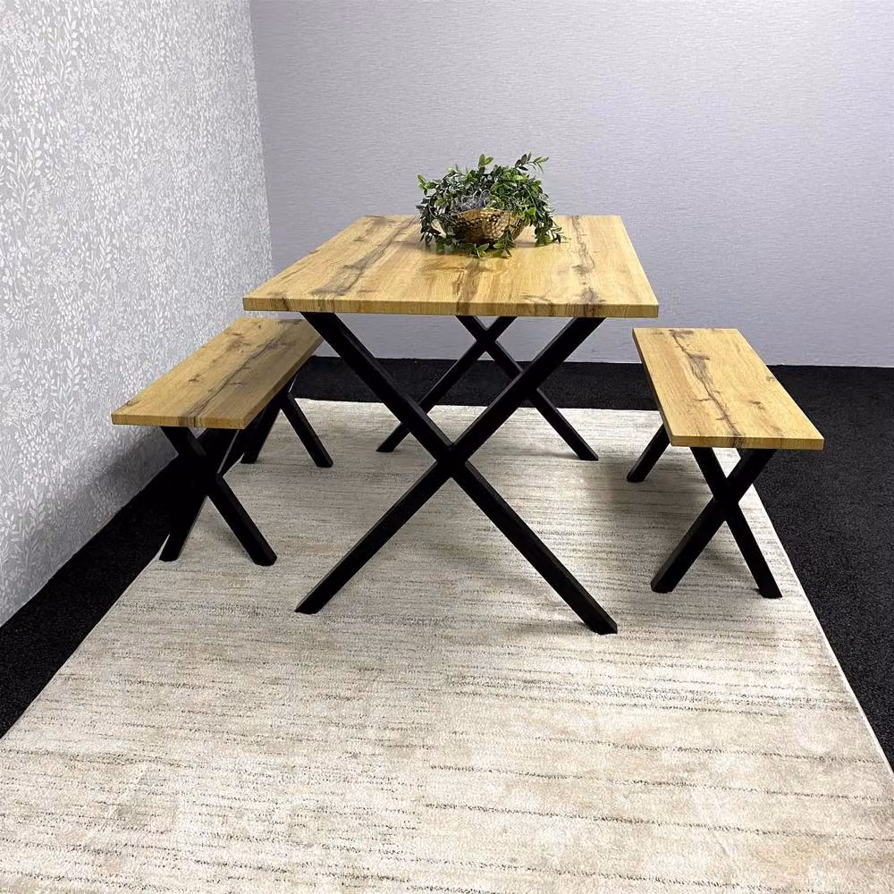 KOSY KOALA Modern Rectangular Dining Table and 2 Benches Set in Brown and Grey with X-Frame Metal Legs – 9