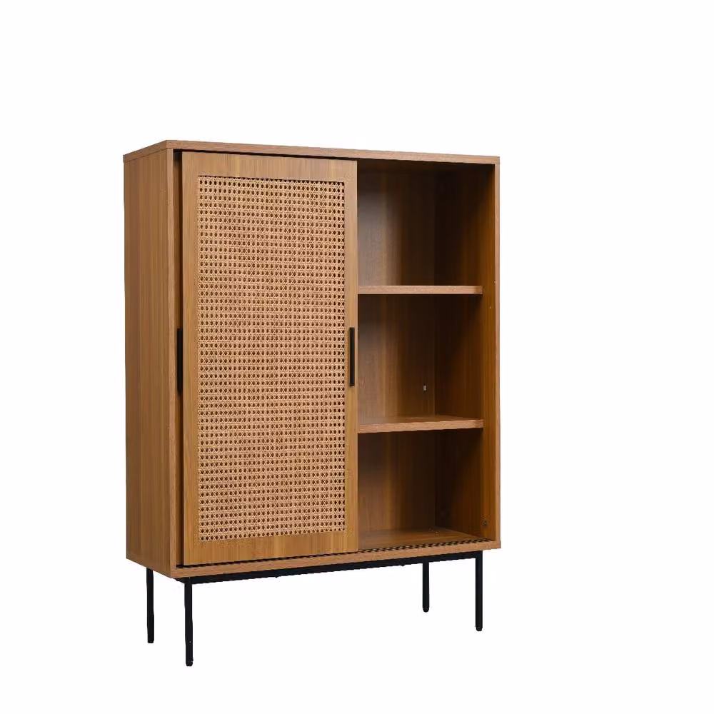 Rolipo Walnut Rattan Sideboard with Sliding Doors in Brown – 3