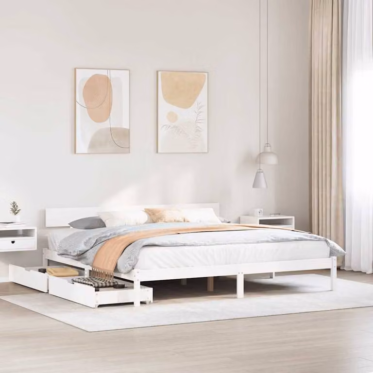 Berkfield Home White Solid Wood Pine Bed Frame with Drawers W/D/H: 180 x 200 cm