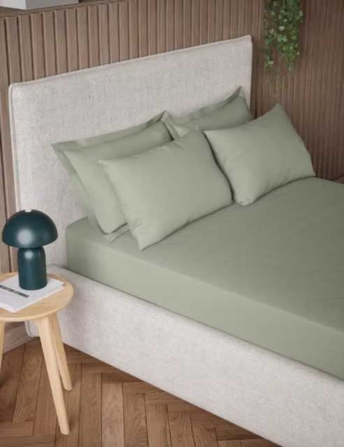 M&S Pure Cotton 300 Thread Count Extra Deep Fitted Sheet, Green, 200 x 200 cm