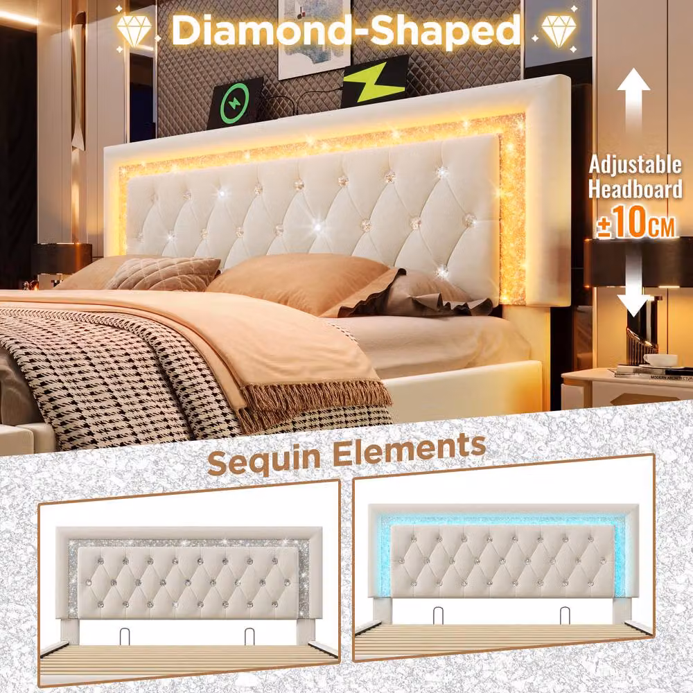 Matteo Beige Velvet Upholstered Double Bed with LED Lighting, USB Charging Port and Hydraulic Storage, W: 135 cm, L: 190 cm – 3