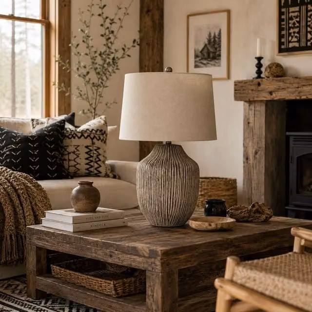Wyld Haus Ochre Carved Textured Table Lamp with Fabric Shade in Brown and Beige