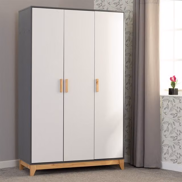Seconique Modern 3 Door Wardrobe in Grey and White