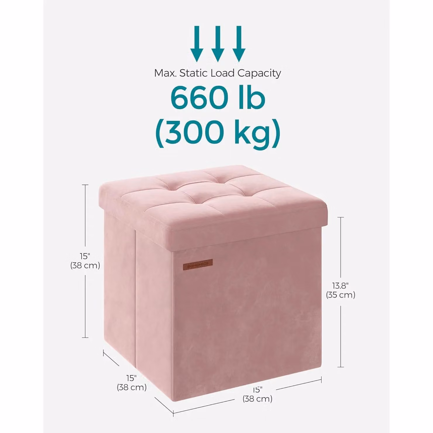 SONGMICS Small Square Foldable Storage Ottoman and Foot Rest in Light Pink Velvet Fabric – 2