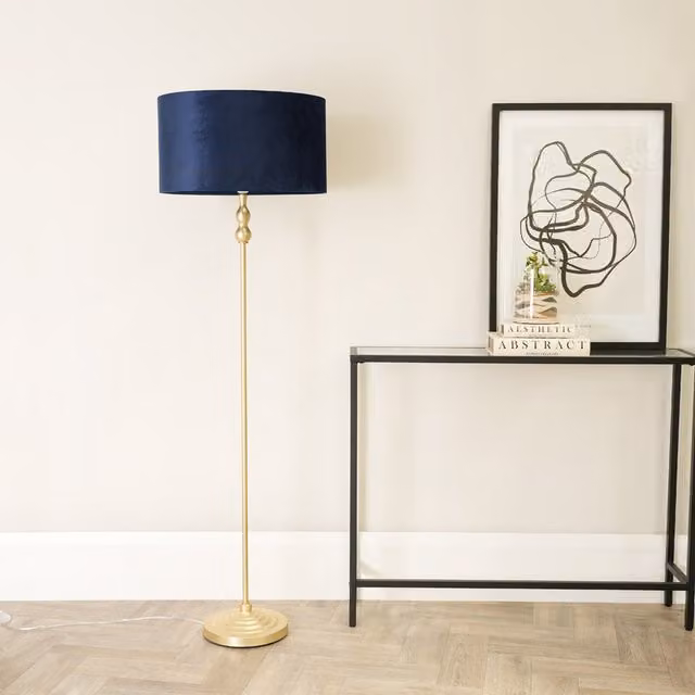 ValueLights Maggie Gold Floor Lamp with Blue Fabric Cylinder Shade