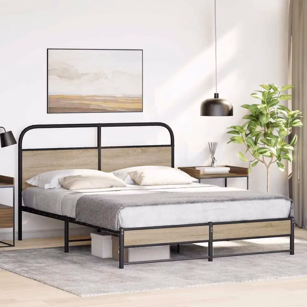 Berkfield Home Metal Bed Frame in Smoked Oak Brown, W: 160 cm, D: 200 cm – 2
