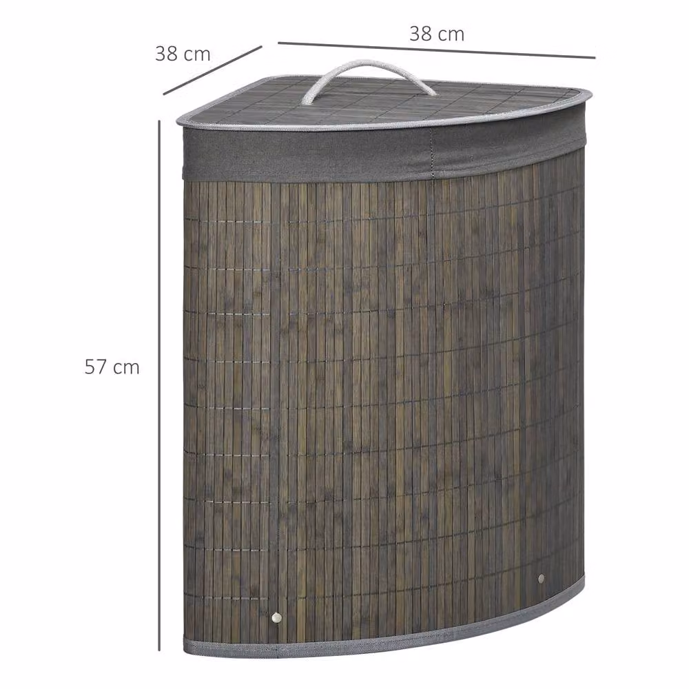 HOMCOM 55L Grey Bamboo Corner Laundry Hamper with Lid and Handles, W/D/H: 38 x 38 x 57 cm – 3