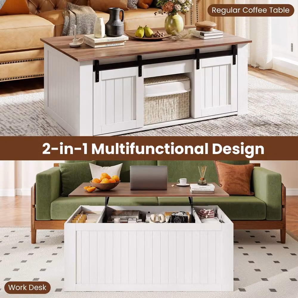 Costway White Farmhouse Lift Top Coffee Table with Storage Doors and Rustic Wood Finish, W: 120 cm, H: 48 cm – 6