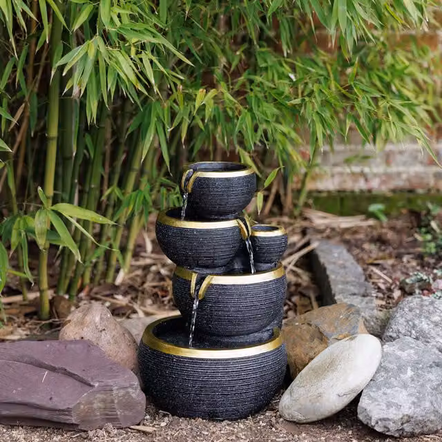 Primrose Gold Edge 3-Tier Stacked Bowls Solar Water Feature with LED Lights, Black and Gold
