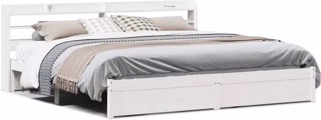 Berkfield Home Super King Bed Frame with Headboard and Side Compartments in White Rustic Pine, W/D/H: 180 x 200 cm
