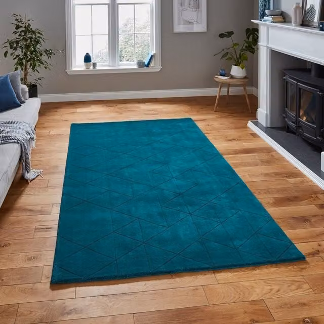 The Rug Shop UK Petrol Teal Modern Machine Woven Checked Rectangular Area Rug W: 150 cm, L: 230 cm