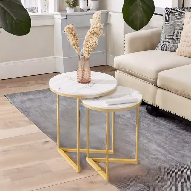Pirlo Plush Set of 2 Round Nesting Tables in Gold and White with Ceramic Tops and Triangular Base