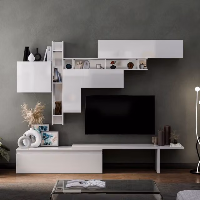 Decorotika Maastricht Modern Wall Mounted Entertainment Center in High Gloss White