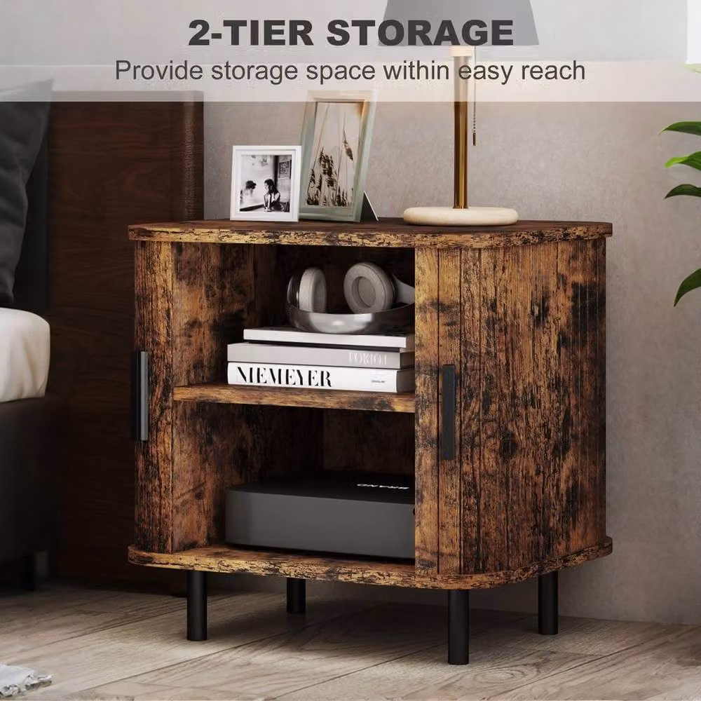 NESTLUNE Brown Scandinavian Nightstand with Sliding Doors and Metal Legs, W: 100 cm, D: 15 cm, H: 15 cm – 4