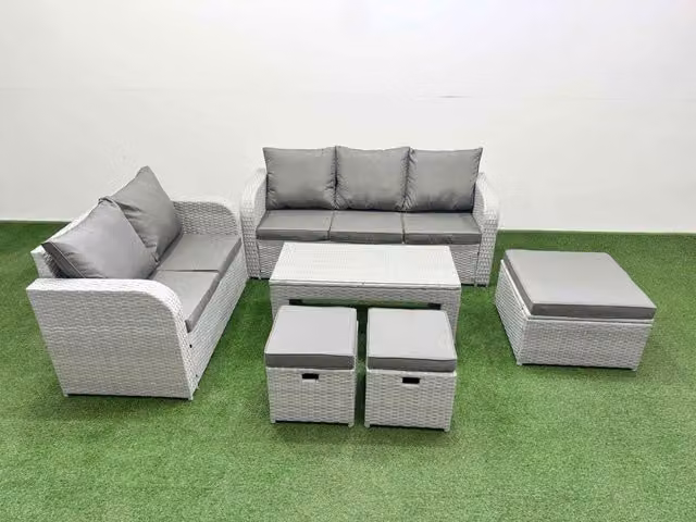Fimous 8 Seater PE Rattan Wicker Garden Furniture Set in Light Grey with Oblong Coffee Table, 3 Seater Sofa, Love Seat and 3 Stools