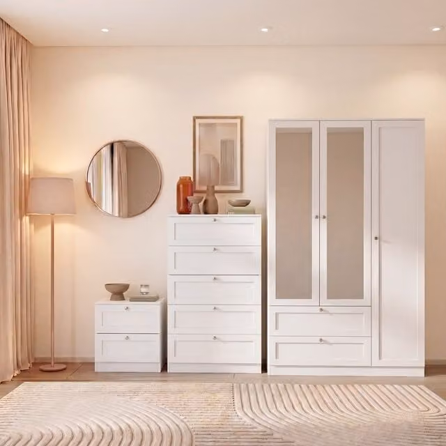 Vida Designs Altino 3 Piece White Bedroom Set including 2 Drawer Bedside, 5 Drawer Chest and 3 Door 2 Drawer Wardrobe