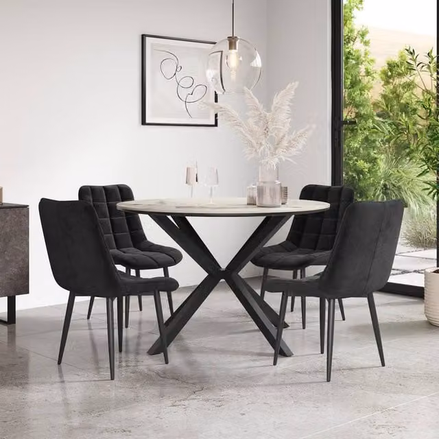 More4Homes Calne Calcutta Gold Ceramic Round Dining Table and 4 Nova Black Velvet Chairs, Diameter: 120 cm, Height: 75 cm – 1