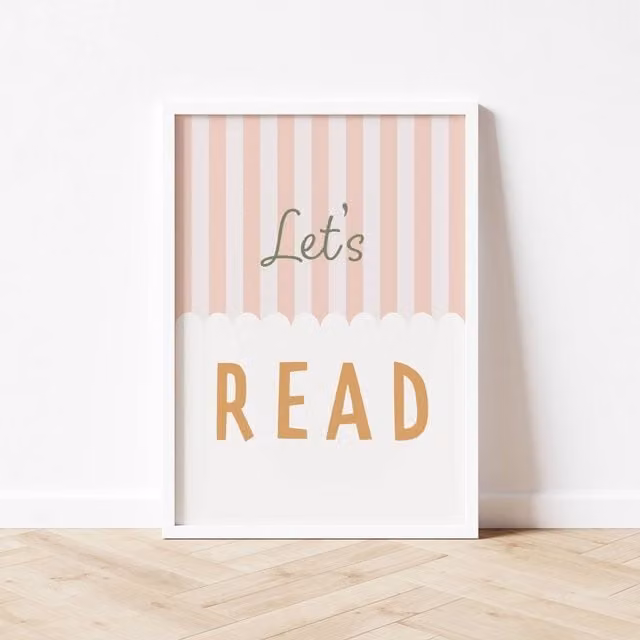 Autumns Corner Let's Read Stripy Edition Typography Print, Light Pink and Mustard, A4 – 1