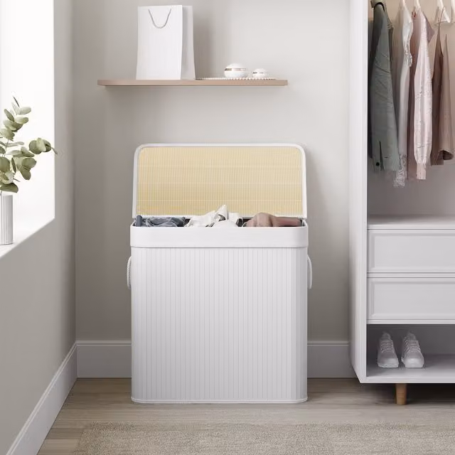SONGMICS 150L Laundry Hamper Basket with 3 Sections and Lid, White