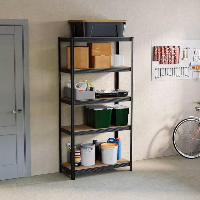 Vida Designs 5 Tier Industrial Corner Shelving Unit in Black with Adjustable Metal and MDF Shelves, H 150 cm x W 150 cm x D 30 cm