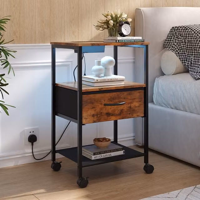 Livingandhome Industrial Bedside Cabinet with Integrated LED Lighting and Charging Station in Dark Brown and Black
